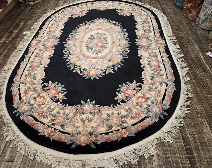 Oval Chinese Art Deco Peking Rug Aubusson Chinese rug wool Chinese rug Peking rug black Round rug wool Chinese rug 6'×9' black Aubusson r