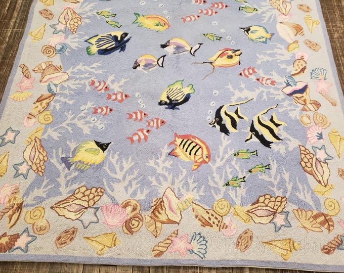 Art deco Chinese hook rug hook Chinese rug  hand made wool hook rug floral design with fish&shell  rug size 5'×8' wool oriental rug
