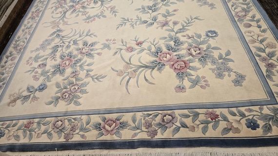 Chinese Art Deco Peking rug  90 line wool hand knotted  rug Aubusson Chinese rug size 9'×12' oriental rug  blue&beige Chinese rug