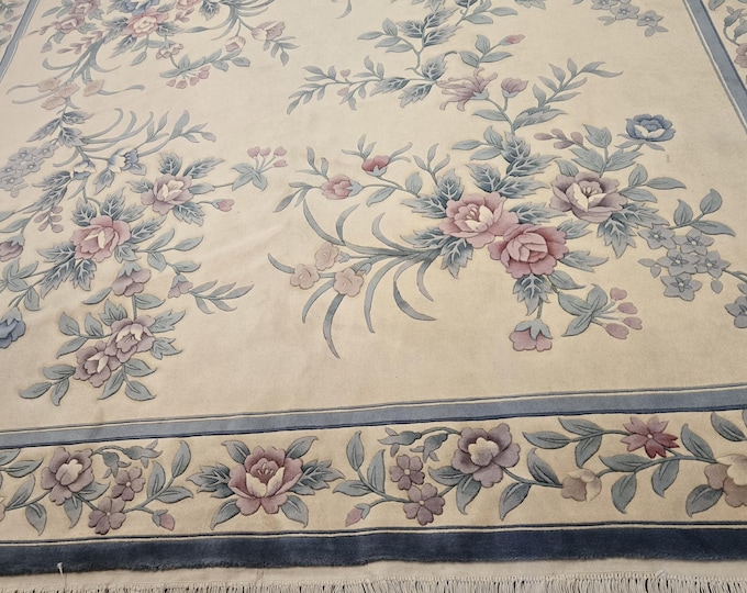 Chinese Art Deco Peking rug  90 line wool hand knotted  rug Aubusson Chinese rug size 9'×12' oriental rug  blue&beige Chinese rug