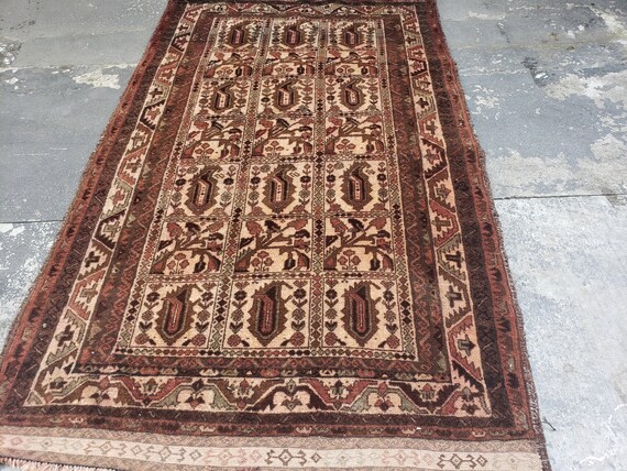 Afgan Turkmen faded rose red brown Bokhara wool tribal rug vintage rug distress handwoven oriental geometric rug size 4'×6'6"