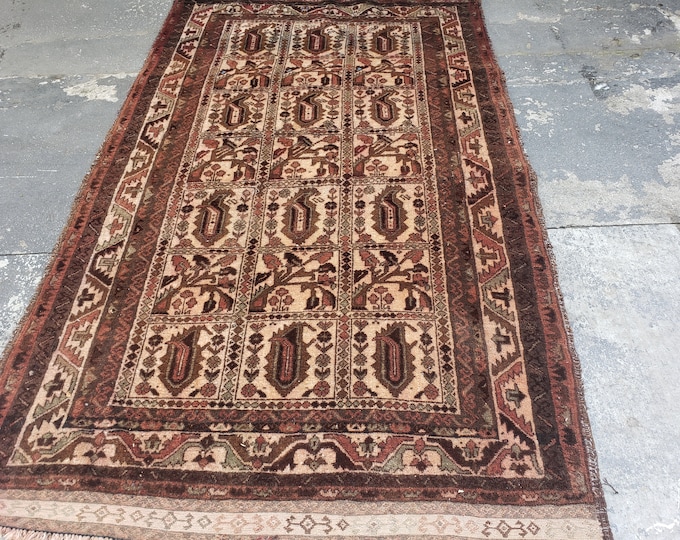 Afgan Turkmen faded rose red brown Bokhara wool tribal rug vintage rug distress handwoven oriental geometric rug size 4'×6'6"