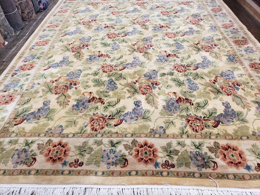 Vintage Aubusson Wool Rug: 8x10 Ft, Hand Knotted English Garden Design ...