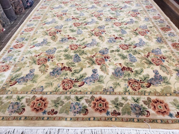 Chinese Art Deco Arts and crafts 120 line wool hand knotted  rug Aubusson Chinese rug size 8'×10'  English garden royal blue & pink Chinese