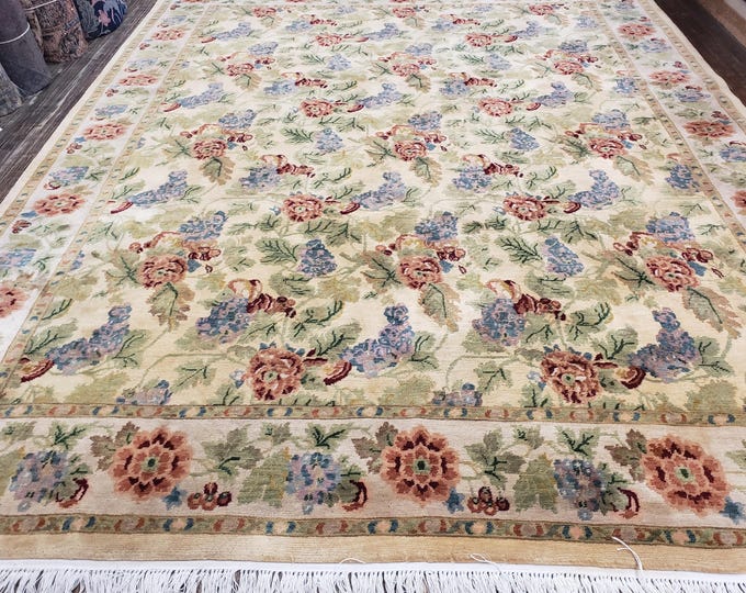 Chinese Art Deco Arts and crafts 120 line wool hand knotted  rug Aubusson Chinese rug size 8'×10'  English garden royal blue & pink Chinese
