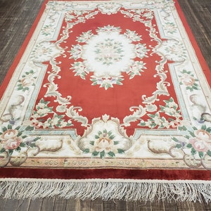 Chinese Art Deco Peking rug  90 line silk hand knotted  rug Aubusson Chinese rug size 5&#39;×8&#39; oriental rug  red&beige Chinese rug