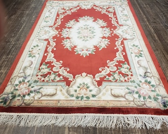 Vintage Chinese Silk Rug, 5x8 ft, Hand Knotted Aubusson Design