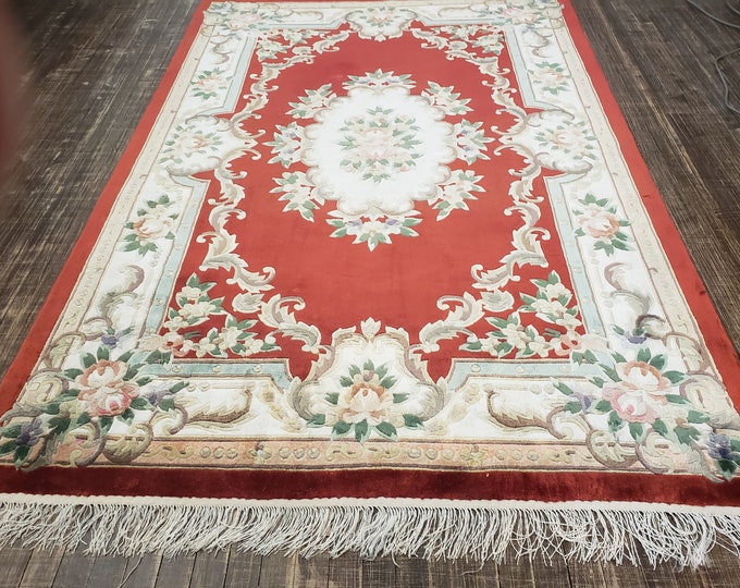 Chinese Art Deco Peking rug  90 line silk hand knotted  rug Aubusson Chinese rug size 5'×8' oriental rug  red&beige Chinese rug