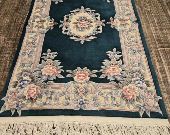 Chinese Art Deco Peking rug  90 line wool hand knotted forest green & beige Chinese rug excellent quality wool rug size 4×6