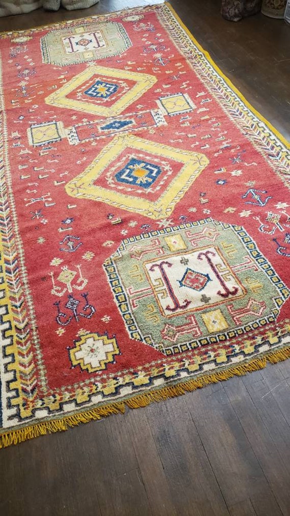 Vintage Moraccan tribal  rug geometric hand knotted wool orange and red  size 4'5"×8'10"