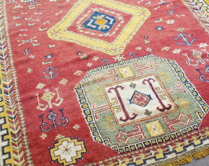 Vintage Moraccan tribal  rug geometric hand knotted wool orange and red  size 4'5"×8'10"