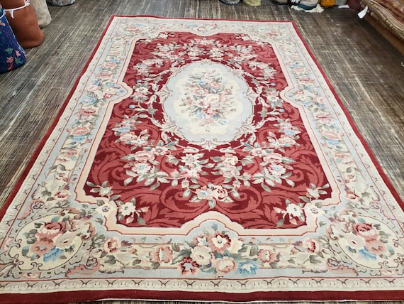 Chinese Art Deco Peking Rug Aubusson Chinese rug wool Chinese rug Peking rug Red rug wool Chinese rug red savonnerie carpet 5'10"×8'8"