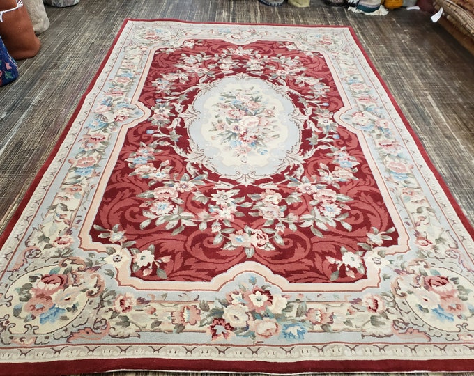 Chinese Art Deco Peking Rug Aubusson Chinese rug wool Chinese rug Peking rug Red rug wool Chinese rug red savonnerie carpet 5'10"×8'8"