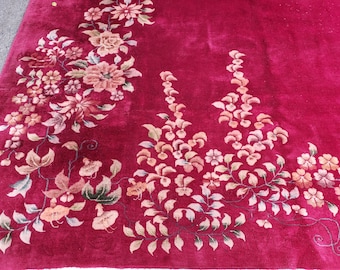 Antiek Peking Chinees vloerkleed, handgeknoopte wol, fuchsia en groene bloemen (10' x 13'3")