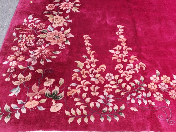 Peking Chinese Antigue  Art Deco vintage Chinese hand knotted wool rug Nicholas Chinese  with  fuchsia & green size 10' x 13'3"