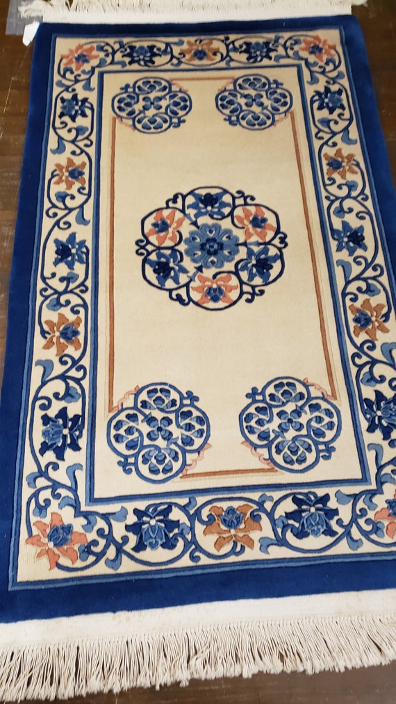 Chinese Art Deco Peking rug  90 line wool hand knotted  rug wool vintage rug size 3'×5' oriental rug   royal blue Chinese rug aubsson  rug