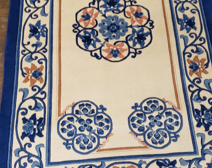 Chinese Art Deco Peking rug  90 line wool hand knotted  rug wool vintage rug size 3'×5' oriental rug   royal blue Chinese rug aubsson  rug