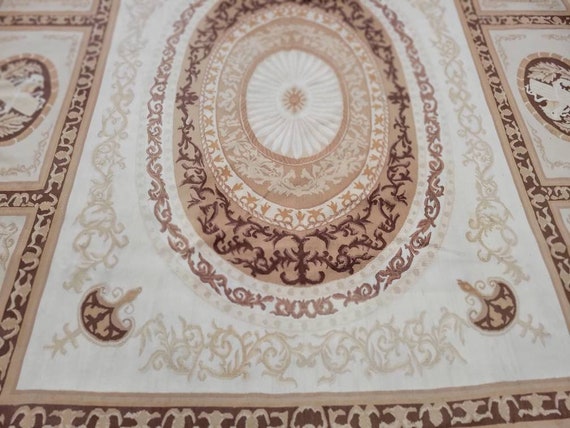 Aubusson rugs  french Aubusson flat wove rug Savanery rug Flemish carpet wool Aubusson rug European rugs,Needlepoint gold Aubusson 9'×12'