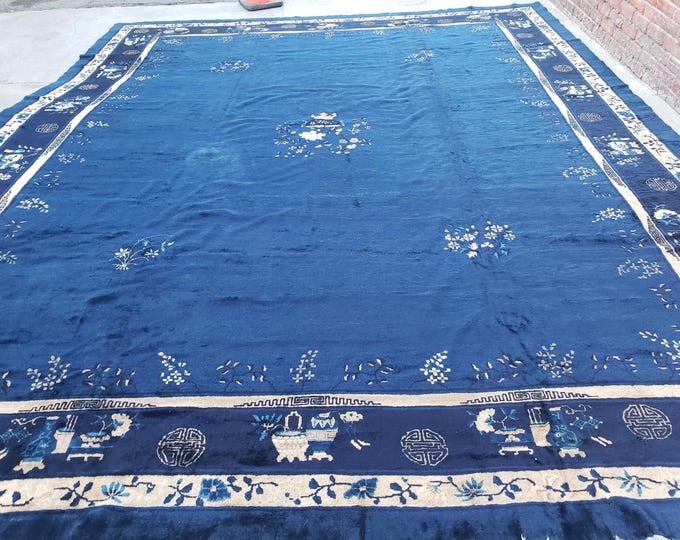Peking Chinese Art Deco hard knotted wool rug with indigo blue field with multi colors border size 12'×15'