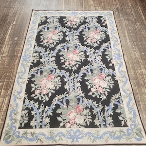 Aubusson rugs french Aubusson flat wove rug Savanery rug Flemish carpet wool Aubusson rug European rugs,Needlepoint black blue and pink 4&#39;×6