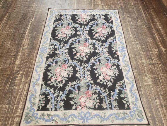 Aubusson rugs french Aubusson flat wove rug Savanery rug Flemish carpet wool Aubusson rug European rugs,Needlepoint black blue and pink 4'×6