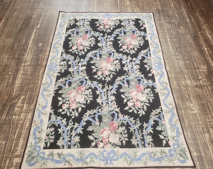 Aubusson rugs french Aubusson flat wove rug Savanery rug Flemish carpet wool Aubusson rug European rugs,Needlepoint black blue and pink 4'×6