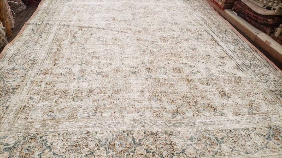 Distressed Tribal Wool Rug, Light Blue & Gold (12'7