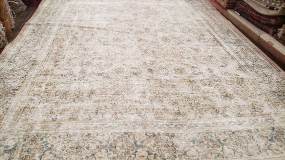 Vintage worn distress condition rug distress tribal wool oriental rug size 12'7"×9'8" light blue and gold
