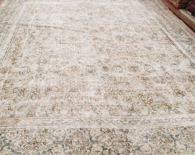 Vintage worn distress condition rug distress tribal wool oriental rug size 12'7"×9'8" light blue and gold