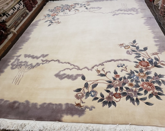 Chinese Art Deco Peking rug  120 line wool hand knotted  rug Aubusson Chinese rug size 9'×12' oriental rug  beige&gray Chinese rug