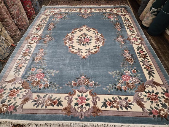 Chinese Art Deco Peking rug  90 line silk hand knotted  rug Aubusson Chinese rug size 8'×10' oriental rug  light blue&beige Chinese rug