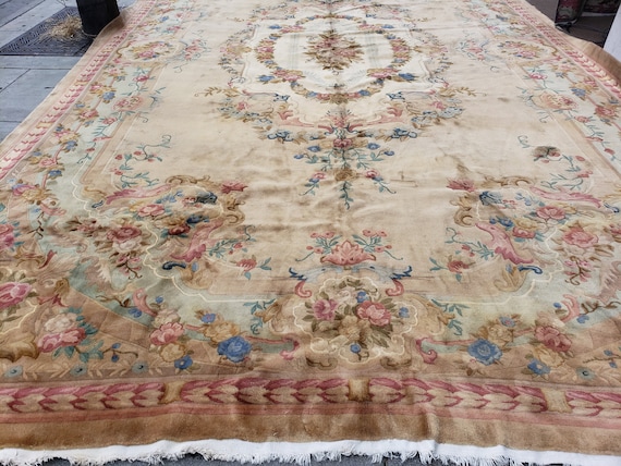 Chinese Art Deco rug 90 line wool vintage sami antique size 12'×19' with aubsson design pink beje blue and tan colors palace size