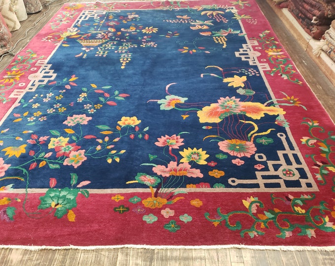 Antique Art Deco Chinese vintage rug hand knotted wool rug  with raspberry border & royal blue and backyard  size 9'×11'8"