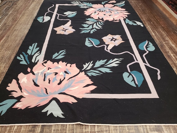 Handwoven Indian Dhurrie rug Flatweav black Dhurrie kelim wool Dhurrie rug 6'×9' Art Deco design Art and crafts design