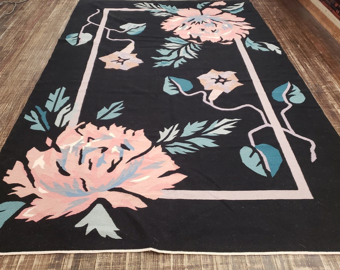 Handwoven Indian Dhurrie rug Flatweav black Dhurrie kelim wool Dhurrie rug 6'×9' Art Deco design Art and crafts design