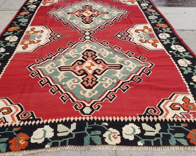 Antigue Turkish bessarbaian kelim Flatweav handmade wool rug vintage Flatweav kelim tribal rug geometric design size 6'9"×10'