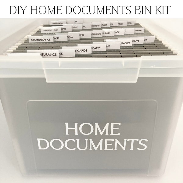 DIY Home Documents Bin Kit  | Home Files, File Organization, Paper Organization, Household Papers, File Tabs | Bin + Folders Not Included