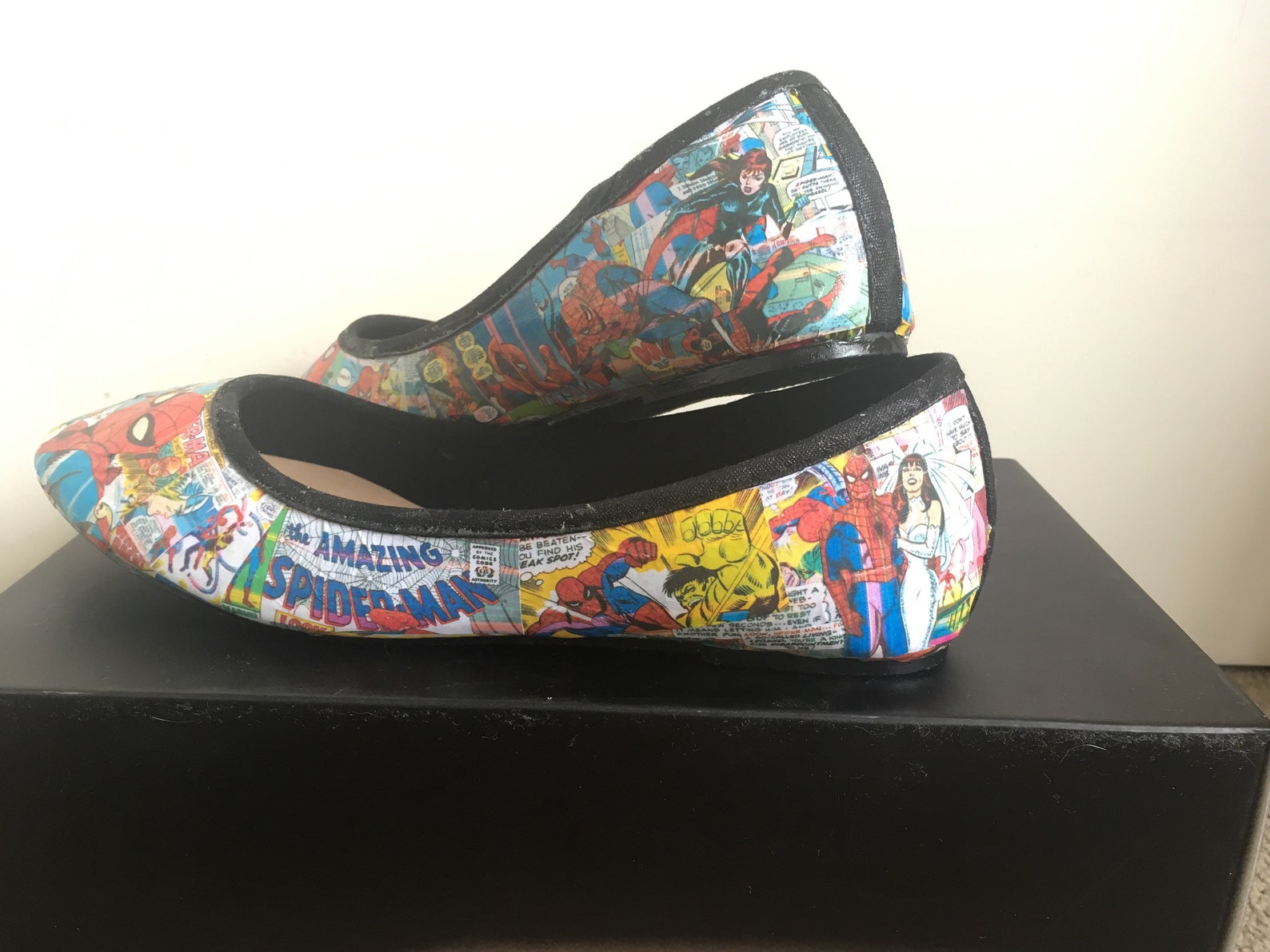 spider-man marvel comics handmade custom decoupage ballet flats shoes