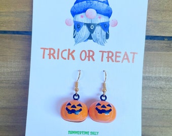 Jingle bell pumpkin earrings, autumn dangle earrings, cute Halloween gift for tween teen girls, gnome card, Halloween party earrings
