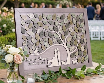 Magnetic Wedding Guest Book Alternative, Sage Green Leaves, Rustic Tree of Life, Outdoor Wedding Decor, 3D Wood Guestbook, Custom Sign