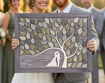 Magnetic Wedding Guest Book Alternative, Grey Wood Tree of Life, Sage Green Leaves, Modern Farmhouse Decor, 3D Magnetic Sign