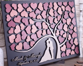 Wedding guest book alternative idea Custom 3D guestbook Rustic wedding decor Tree Hearts Newlyweds Wood guest book Mauve wedding theme