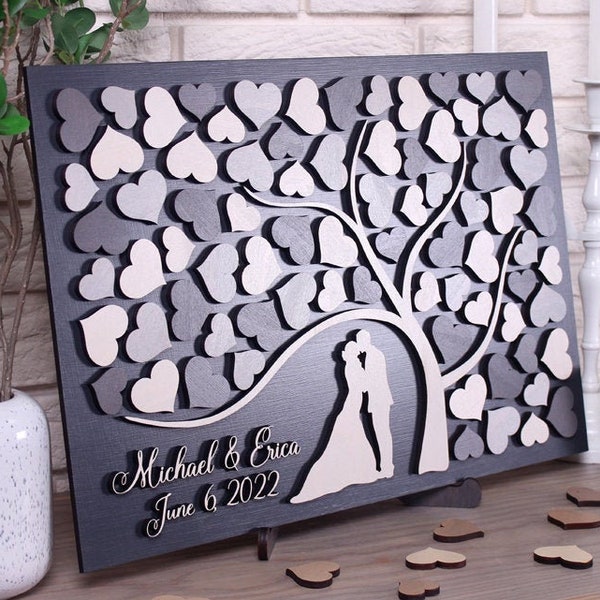 Custom wedding guest book alternative 3D tree of hearts Couple in love wedding guestbook Wood sign in book Grey Wedding Colour Scheme