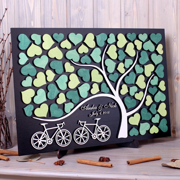 Wedding guest book alternative Two bicycles with Green hearts 3d bike guestbook wedding ideas Wood custom sign Bridal shower gift