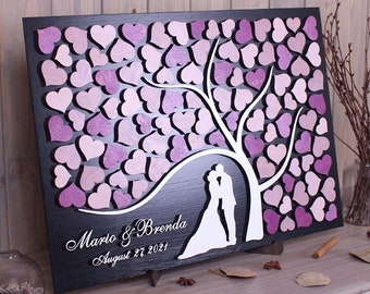 Wedding guest book alternative idea Custom 3D guestbook Shades of Purple Wooden tree with hearts to Sign Personalized wedding theme
