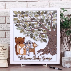 Libro degli ospiti per baby shower Woodland - Libro magnetico personalizzato con pezzi di foglie, perfetto per il primo compleanno del bambino e come decorazione per la cameretta dei bambini