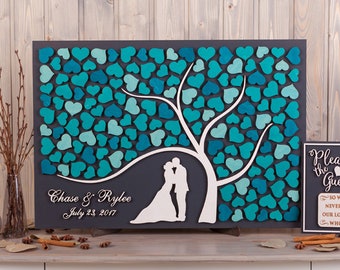 Wedding guest book alternative idea Custom 3D guestbook Rustic wedding decor Tree Hearts Newlyweds Wood guest book Turquoise wedding theme