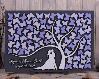 Tree of Butterflies wedding guest book alternative Custom colors Periwinkle Lavender Lilac wedding theme 3D Wood guestbook Personalized sign