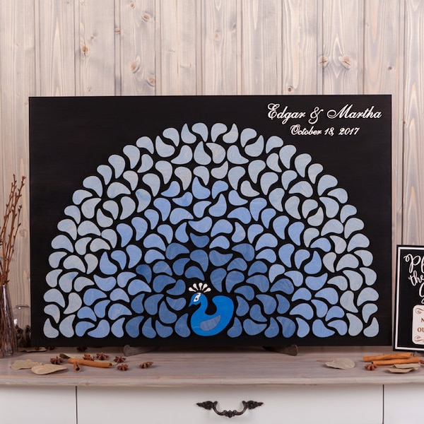 Peacock wedding guest book alternative Custom 3d guest book sign Blue Gradient Rustic wedding guestbook idea Wood frame Wedding memory