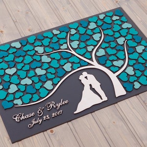 Wedding guest book alternative idea Custom 3D guestbook Tree of Hearts Newlyweds Sign in wood guest book Turquoise wedding theme